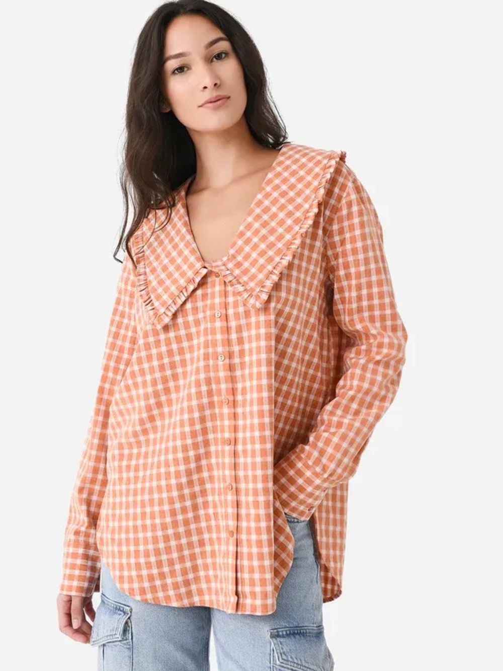 English Factory Women’s Orange Gingham Ruffle Collar Button-Up Blouse Size Small